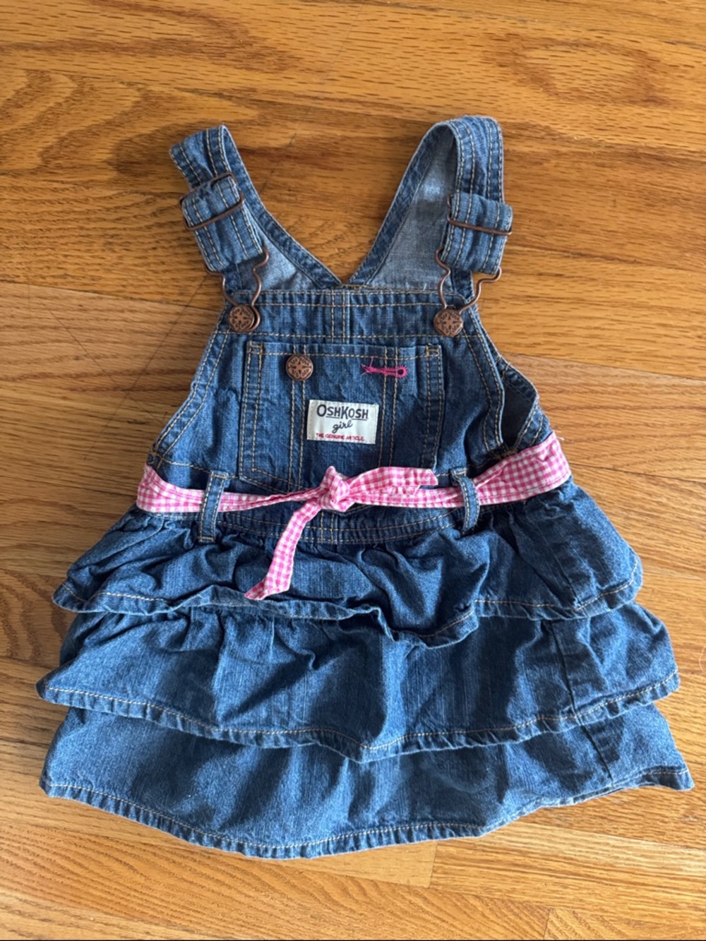OshKosh B'gosh Blue Denim Ruffle Overall Dress with Pink Belt 18m 100% cotton